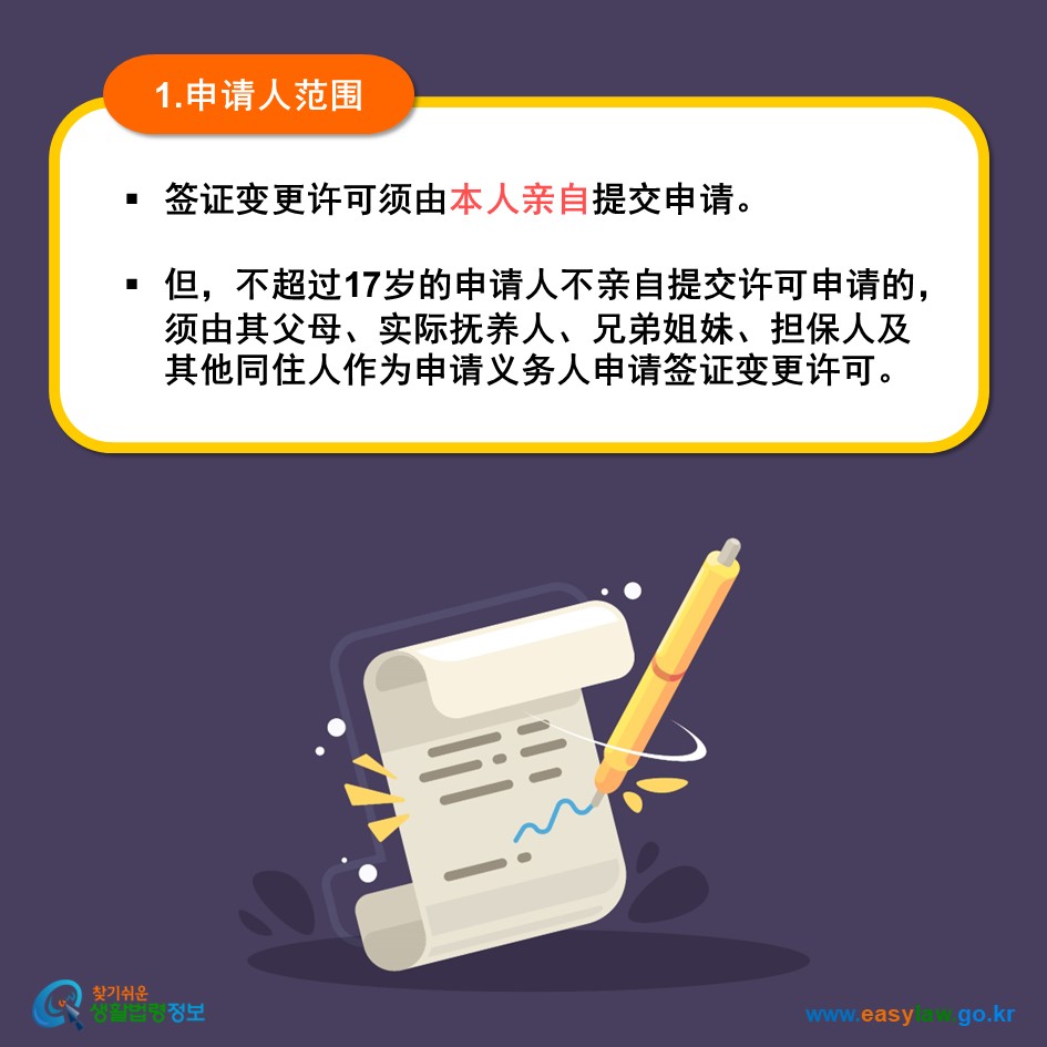 1.申请人范围 签证延期许可须由本人亲自提交申请。  但，不超过17岁的申请人不亲自提交许可申请的，须由其父母、实际抚养人、兄弟姐妹、担保人及其他同住人作为申请义务人申请签证延期许可。